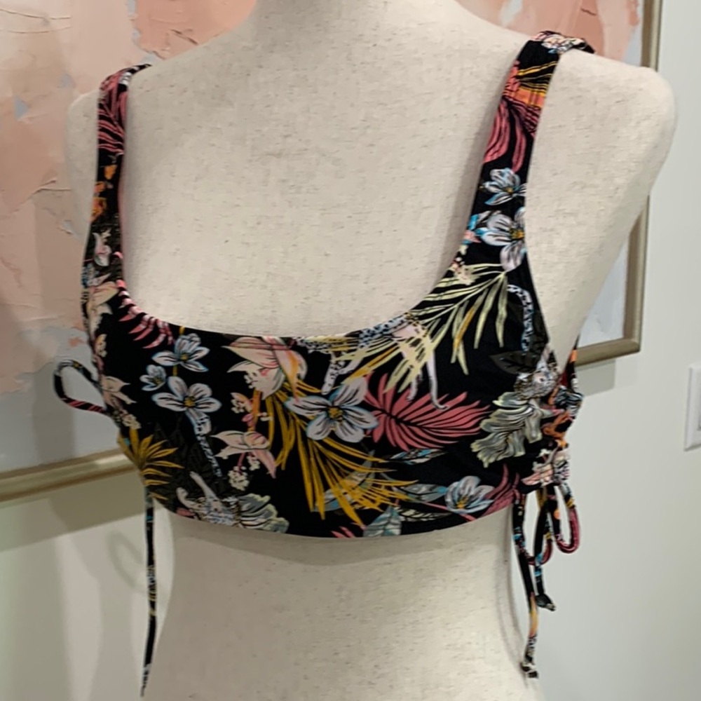 Floral Black Bikini Top with adjustable ties on sides -XL
